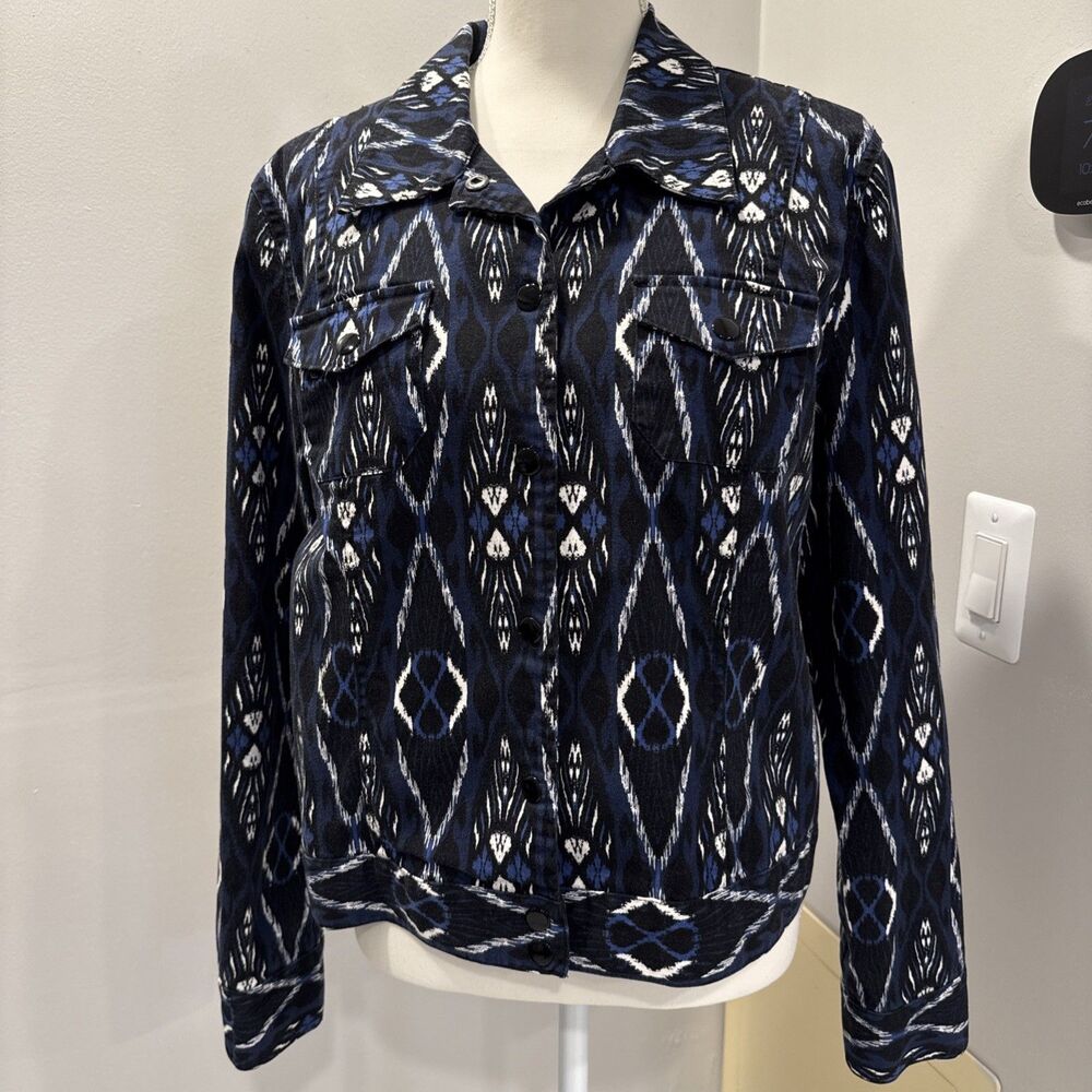 Charter Club Utility Shacket Shirt Petite Large Metal Snaps Pockets Long Sleeve